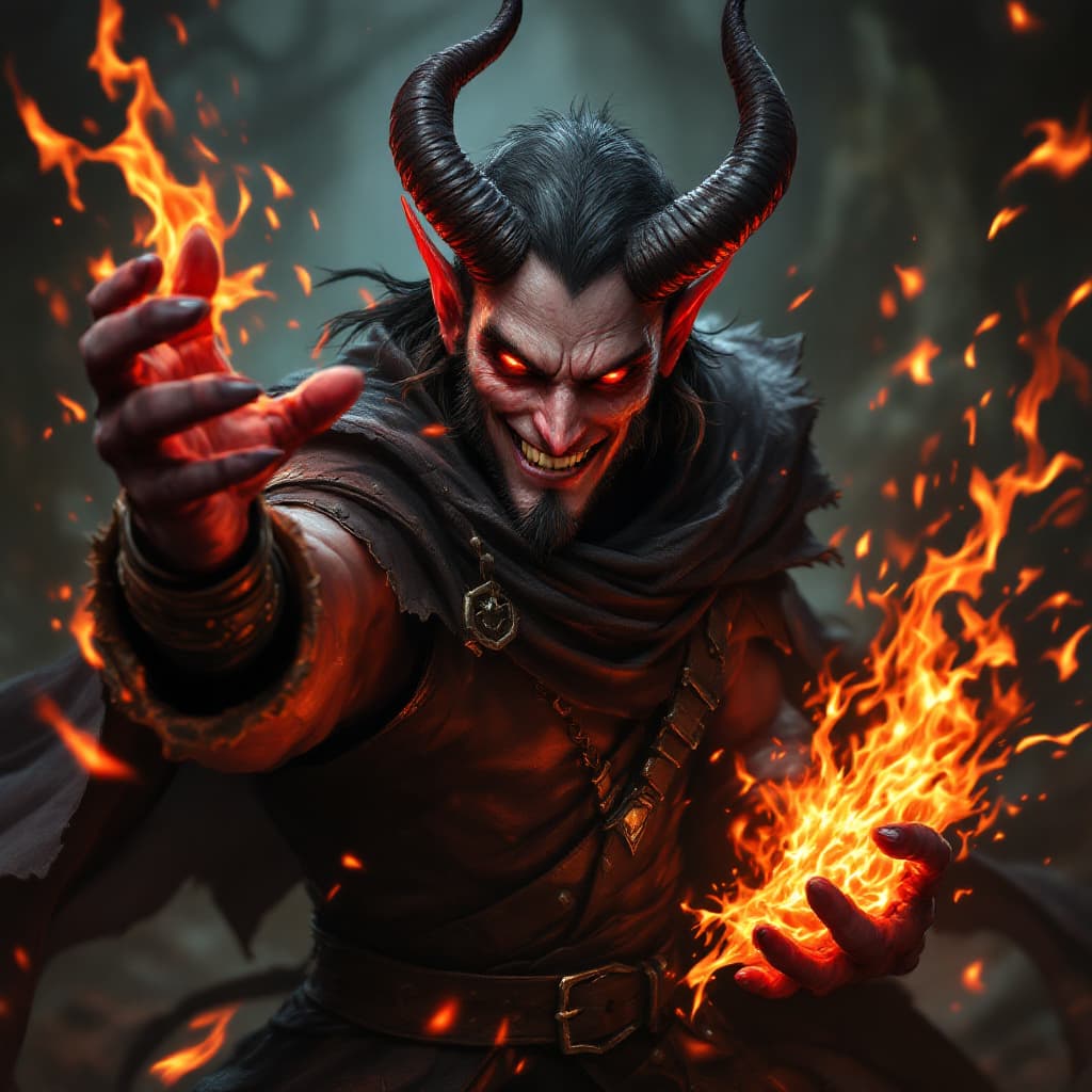 AI generated: male tiefling warlock in leather cloth using fiery spell, red eyes, horns, smile, hyper detail,