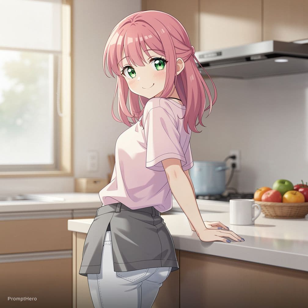 AI generated: 18 years old anime girl, green eyes ,pink hair, smiling,blush,pale skin,small mouth,smoth skin,fit b...