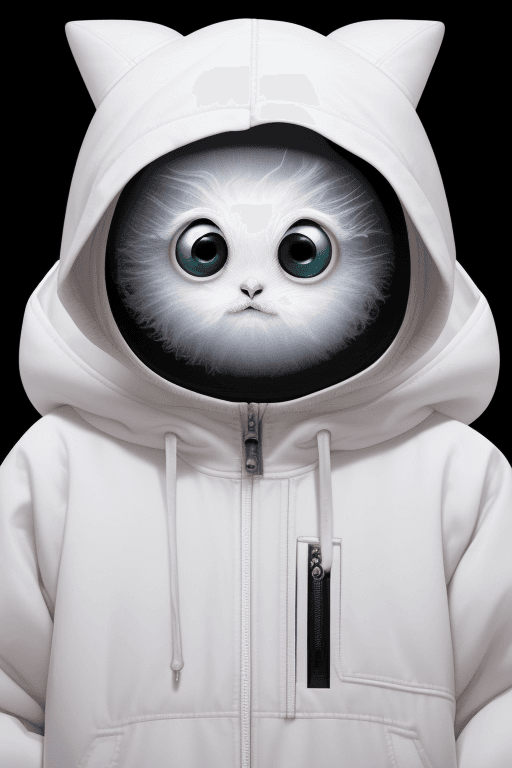 AI generated: An image of an alien, a small, white, and furry creature with a big head and large eyes. It is weari...