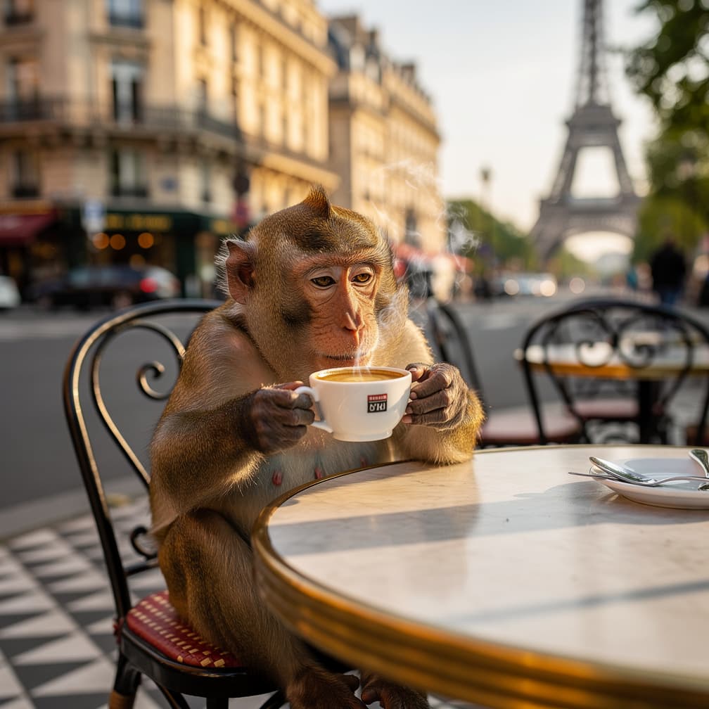 AI generated: A monkey sipping an expresso in paris