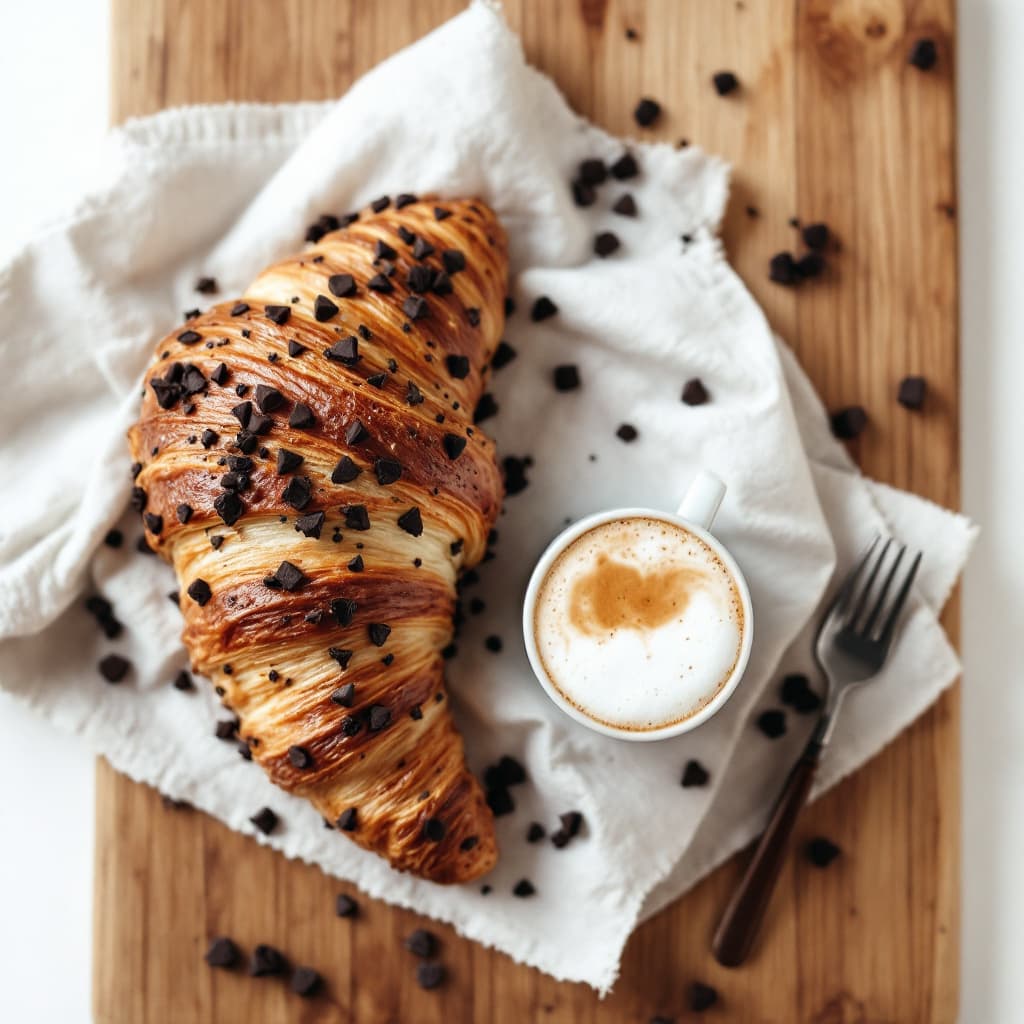 AI generated: breakfast, with a chocalte chipped croissant, a coffee with foam on a wooden plank, white background...