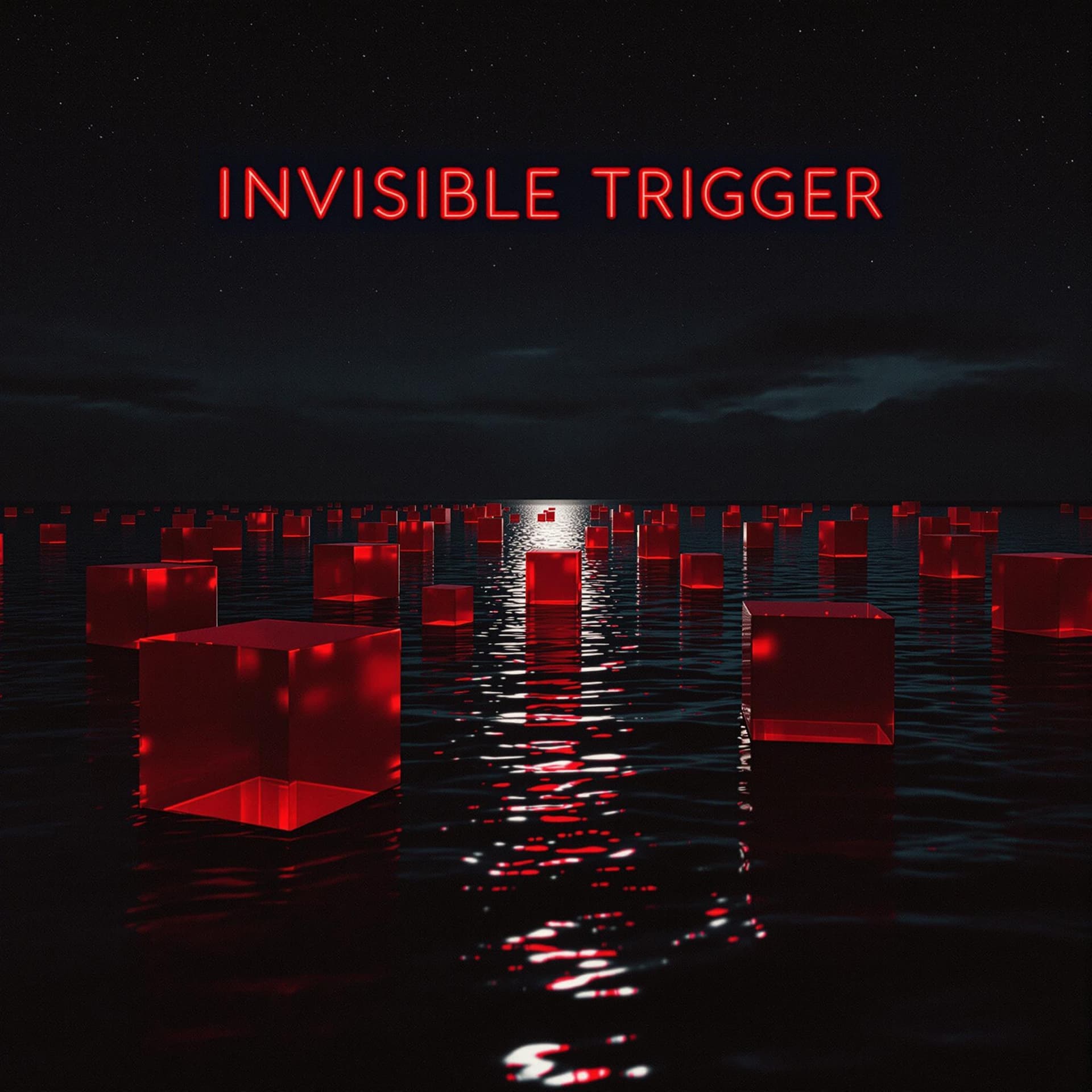 AI generated: artwork for a techno release called "INVISIBLE TRIGGER", red cubes floating in water backlit against...
