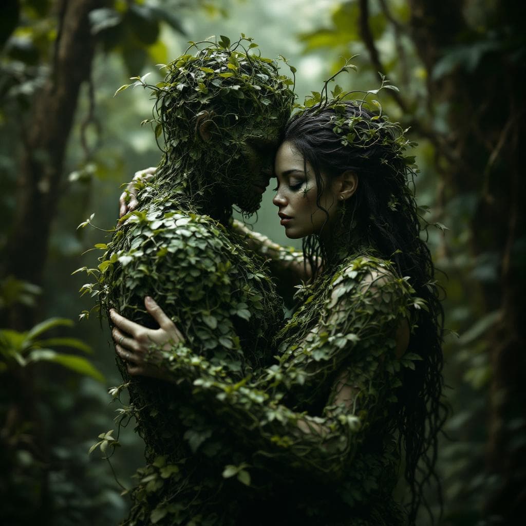 AI generated: two people hugging each other in the jungle, in the style of ethereal figures, made of vines, physic...
