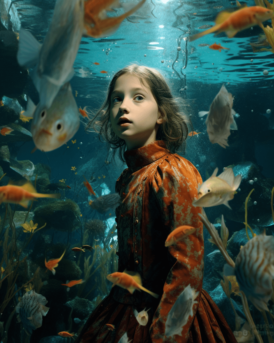 AI generated: girl in the water, in the style of imax, photorealistic compositions, ad posters, intricate underwat...