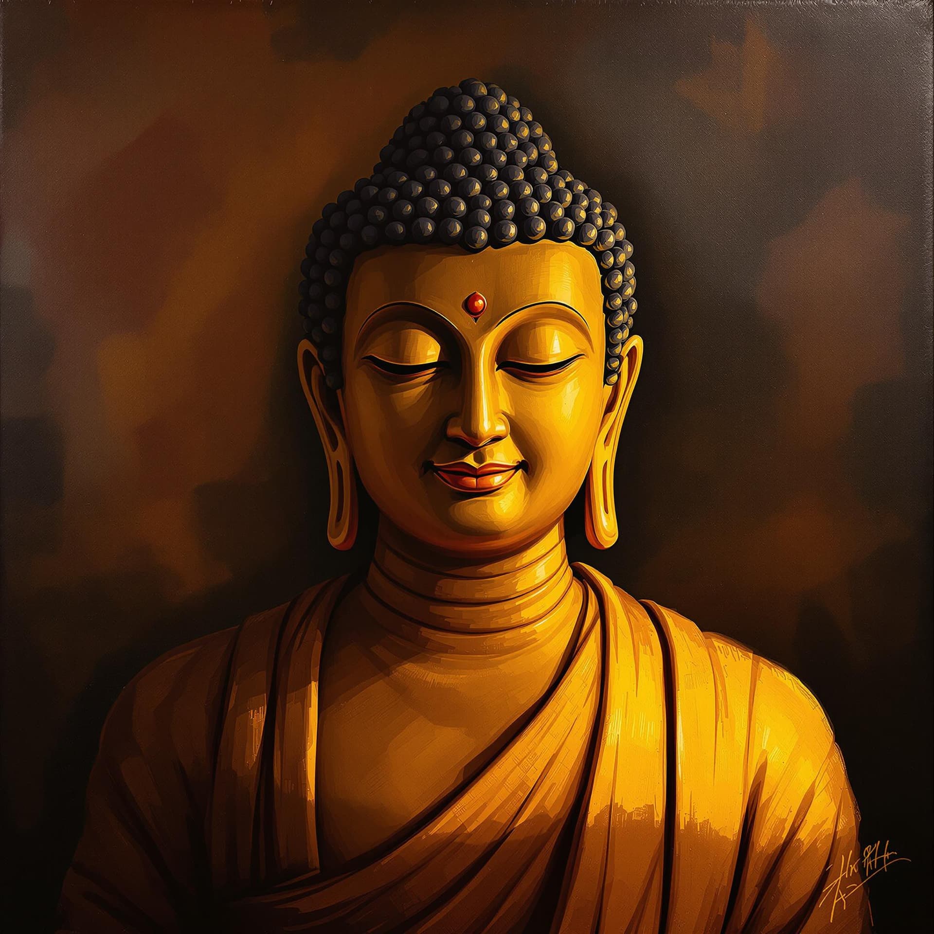 AI generated: The painting captures Buddha's tranquil expression with closed eyes and a gentle, meditative smile. ...