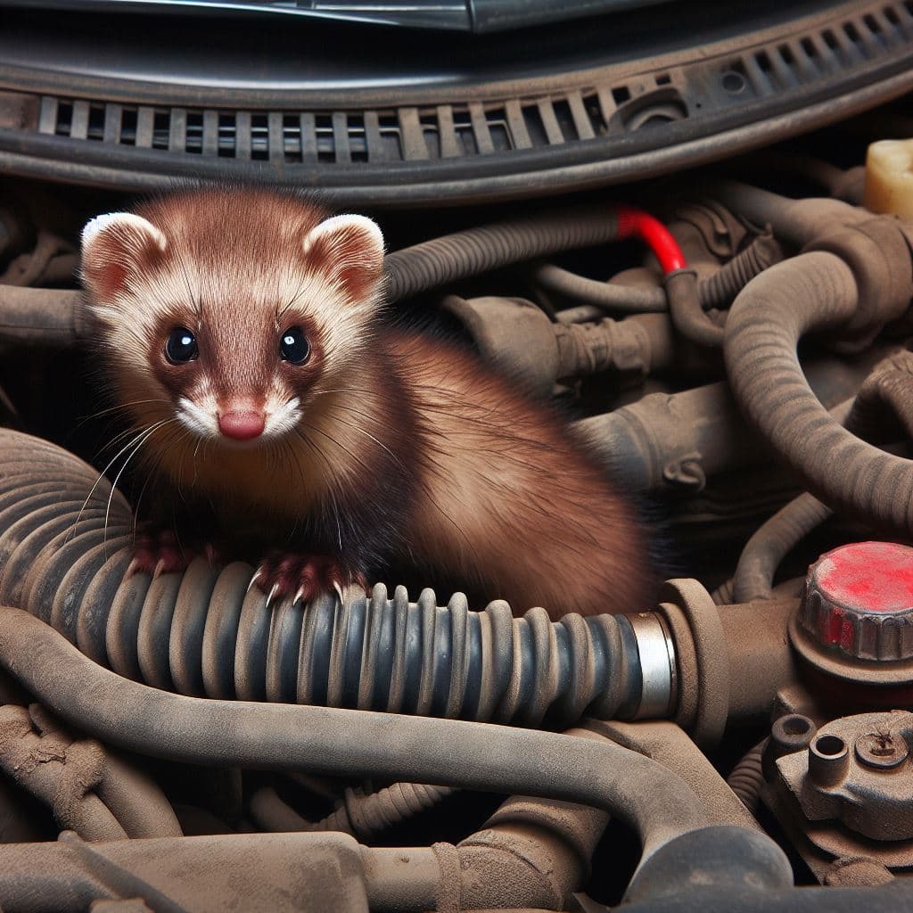 AI generated: Cute marten living in the engine compartment of a car, gnawing on rubber hoses, close-up photography