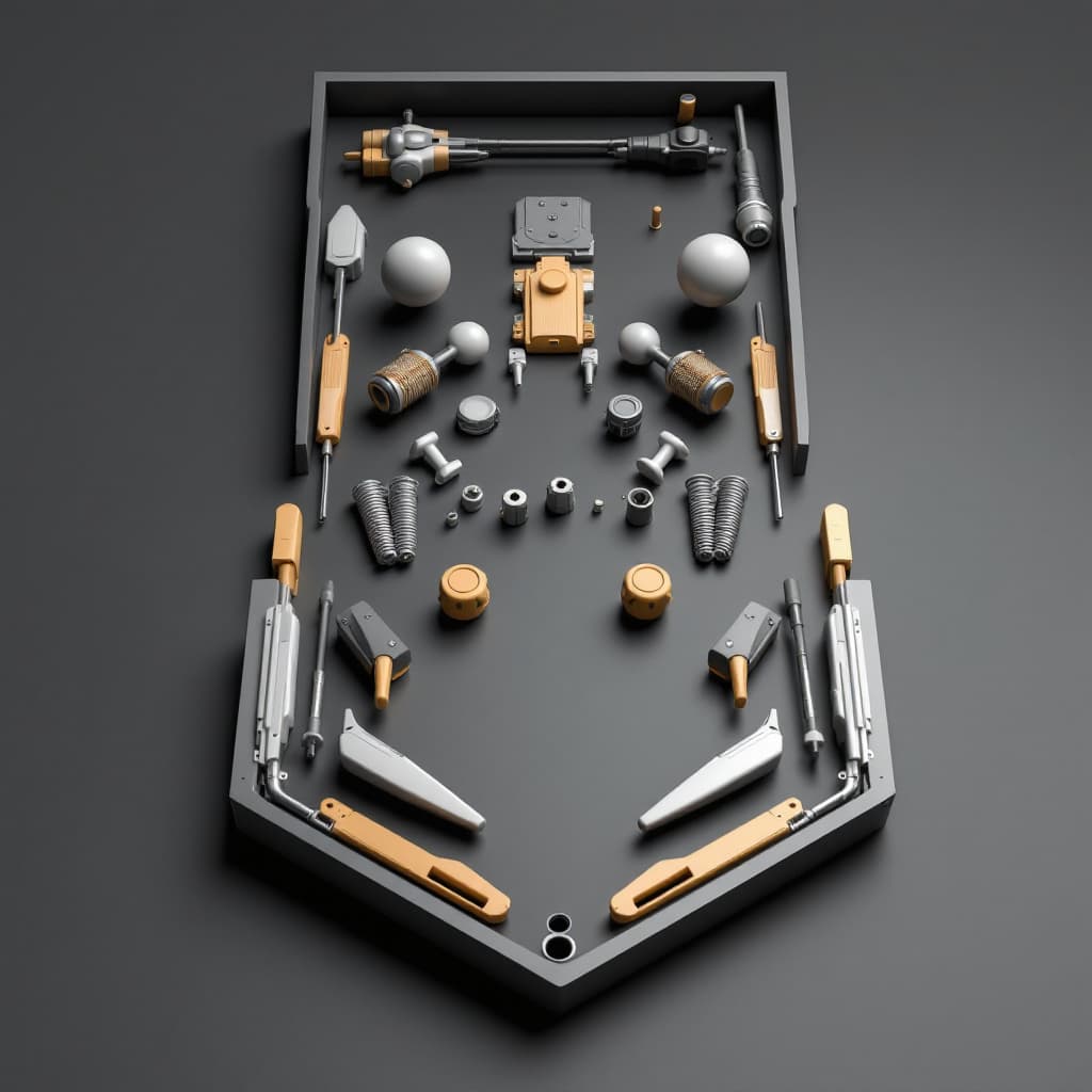 AI generated: 3D model kit style image, pinball table parts, including, racers, pins, flippers, bumper, plunge, sp...