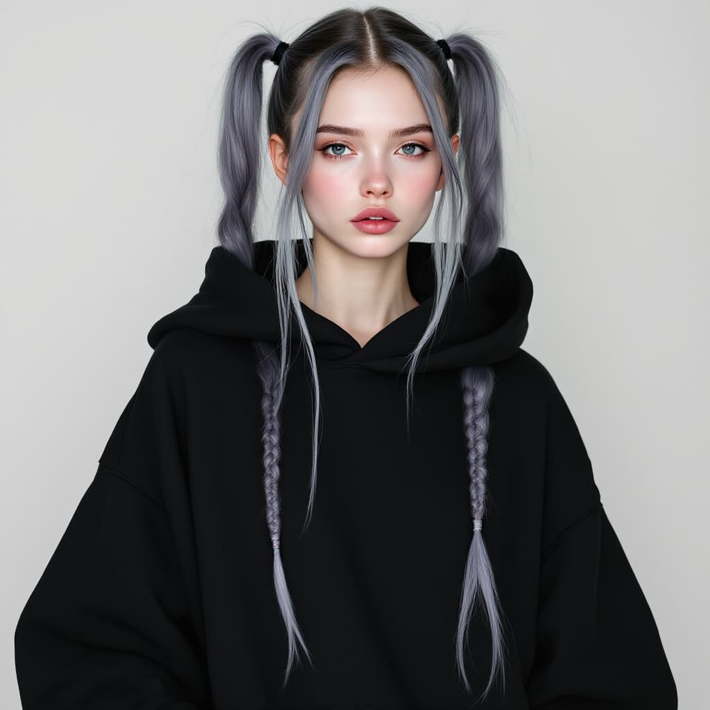 AI generated: Vogue Runway Model with long Pigtails in the style of candycore hair, wearing black oversized blank ...