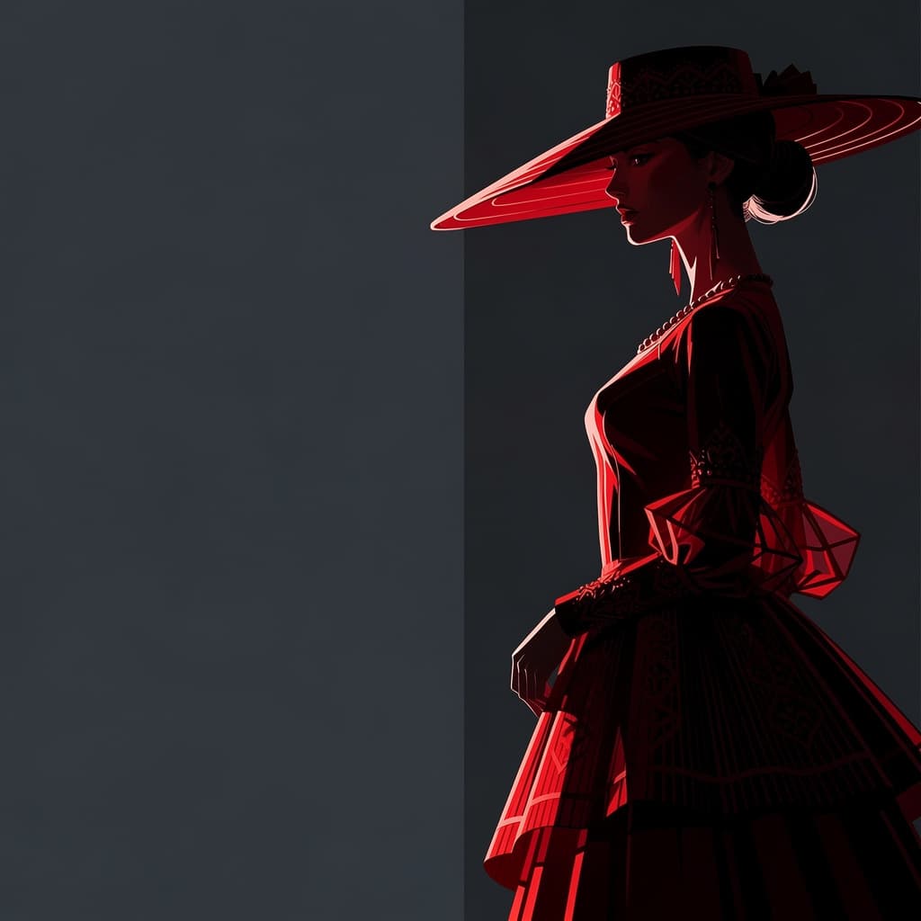 AI generated: a woman in a red dress is wearing a big hat to the right, in the style of clever use of negative spa...