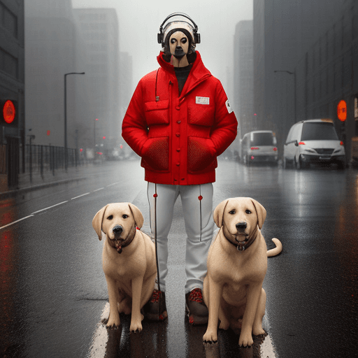 AI generated: Labrador dog, white, brown eyes, wearing large Marshall headphones, a red down jacket, standing on t...