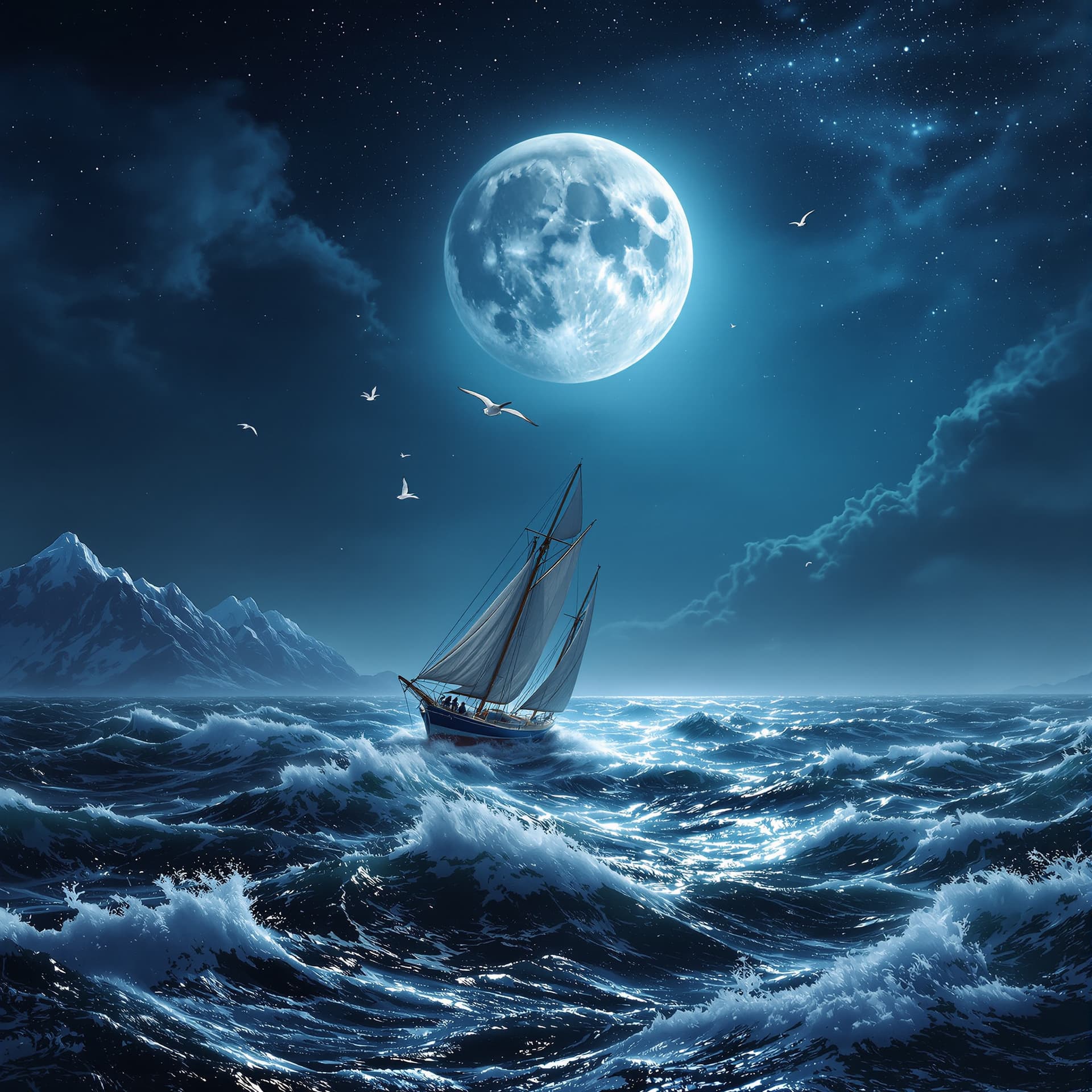 AI generated:  Surrealistic, A full moon over a raging ocean. 8k in the distance are giant quartz crystal mountain...