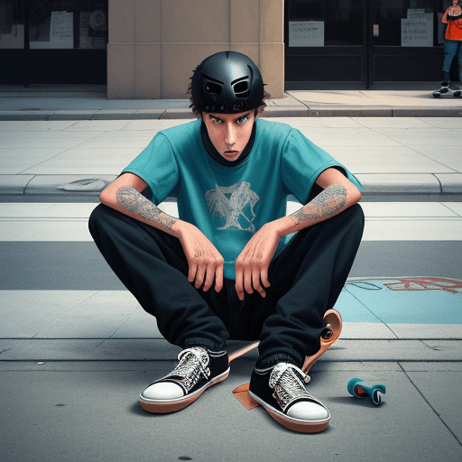 AI generated: Cartoonish picture of a skateboarder looking bored with a skateboard broken in 2 pieces next to him,...
