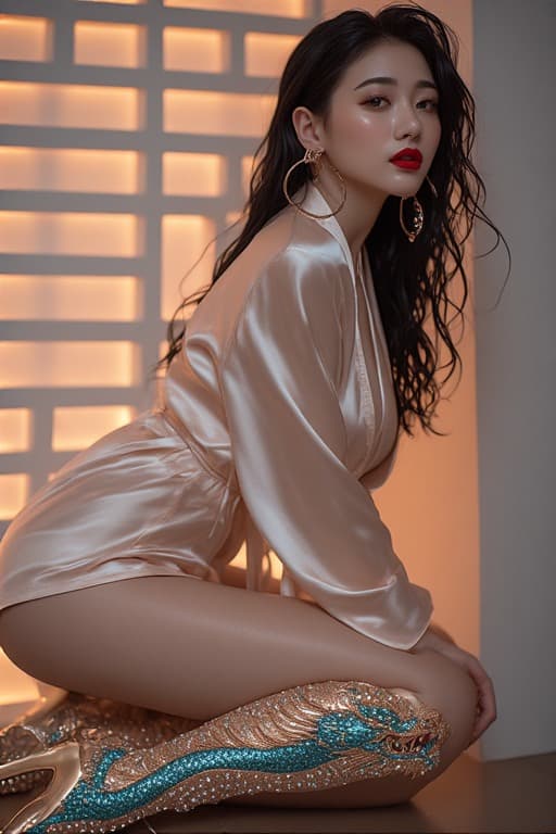 AI generated: A stunning Asian woman with long, wavy black hair, sitting elegantly on the floor in a luxurious sat...
