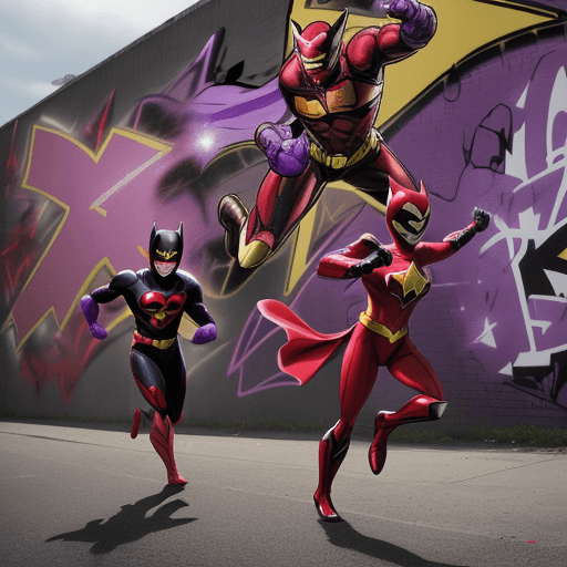 AI generated: a red batman with a red power ranger helmet and a purple and yellow robin with a purple power ranger...