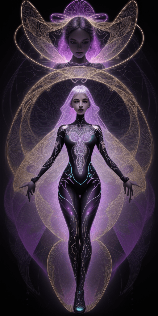 AI generated: portrait forming silhouette of a captivating woman, dynamic holographic lines and patterns resemblin...