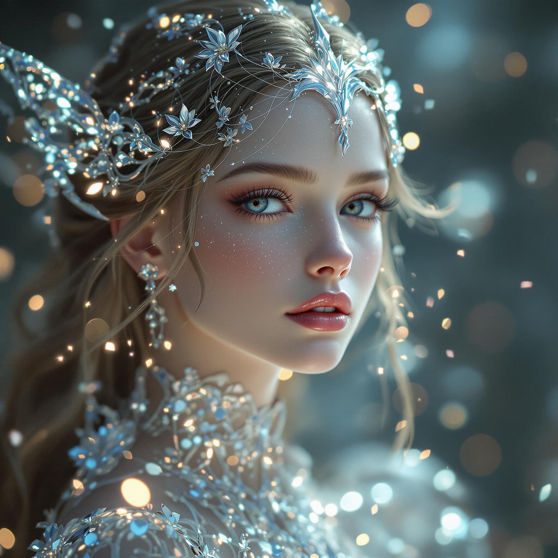 AI generated: Full body, Small highly detailed incorporeal fairy made of silvery light, Bokeh pollen specs multico...