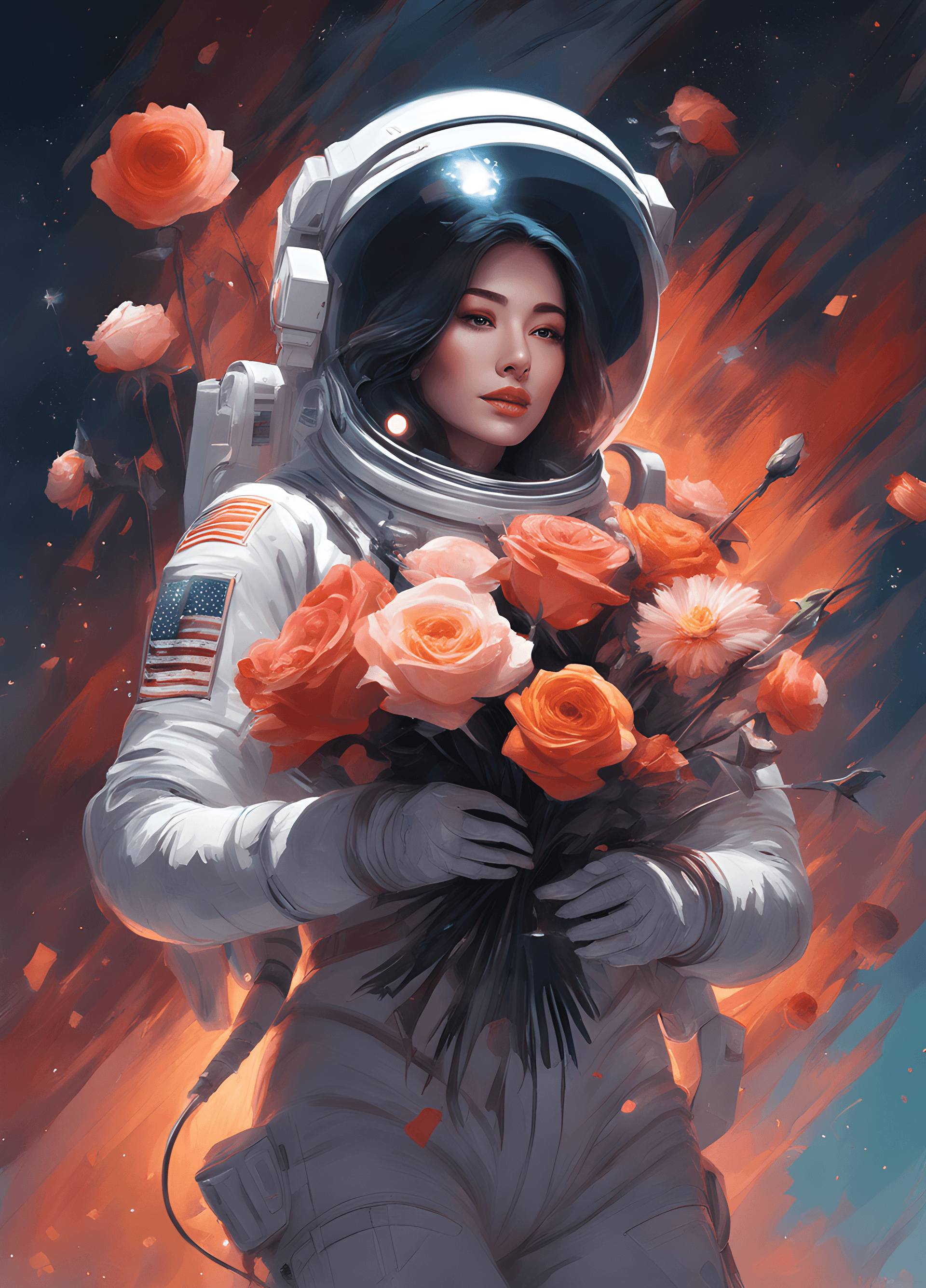 AI generated: a woman in a space suit holding a bouquet of flowers, by Ross Tran, space art, cinematic ， - h 7 6 8...