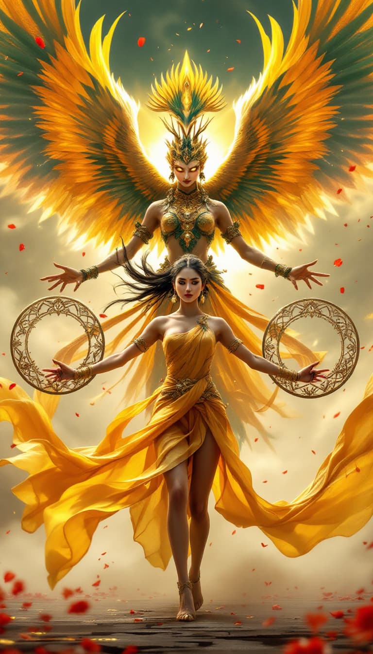 AI generated: An ultra-realistic, wide angle, front facing, full-body portrait of a mesmerizing Dancer in golden t...