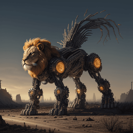 AI generated: A stunning post-apocalyptic scene featuring a biomechanical lion, a fusion of majestic creature and ...
