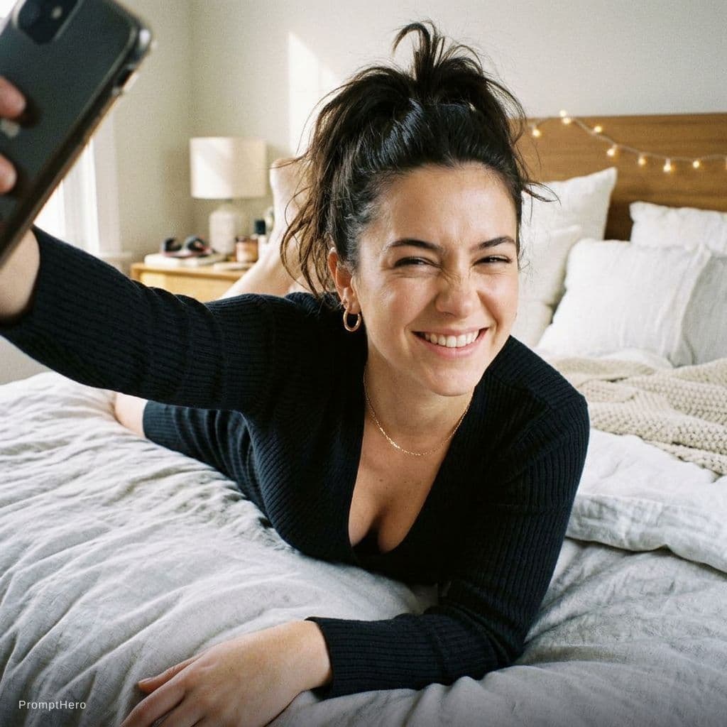 AI generated: Laying on bed taking a selfie, phone camera point of view, seductive, ponytail hairstyle, wearing sa...