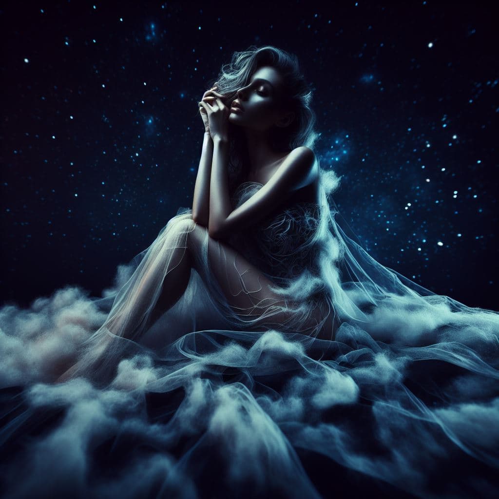 AI generated: Mesmerizingly Alluring Spectacular Beauty Masterpiece, fabulous beauty in a dark dimly lit starlight...