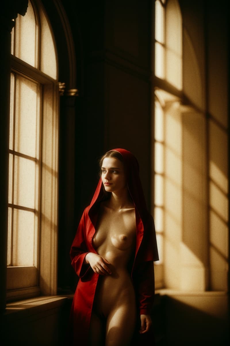 AI generated: in the style of realistic hyper-detailed , 23 year old nun praying nude in an large cathedral, she i...