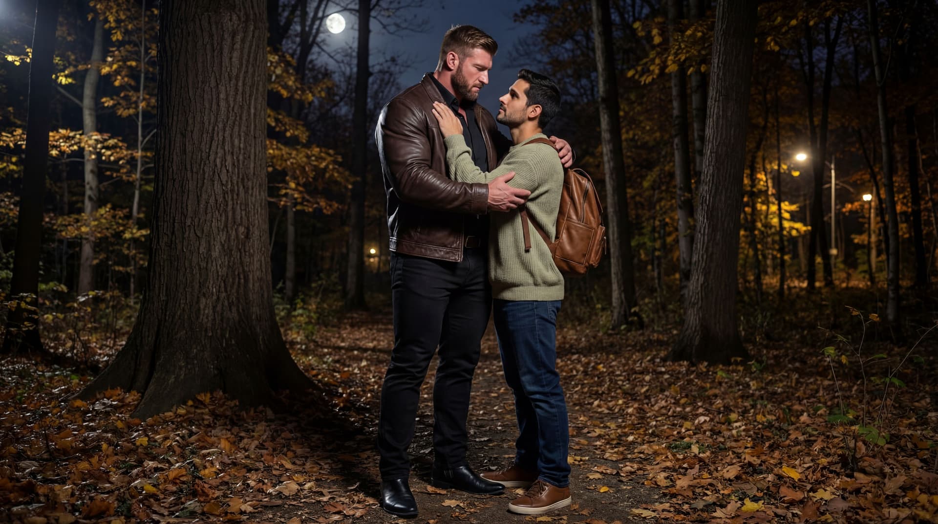 AI generated: On a Autumn night outside under a wooden area full of trees.

The bodybuilder is 6 feet 5 inches tal...