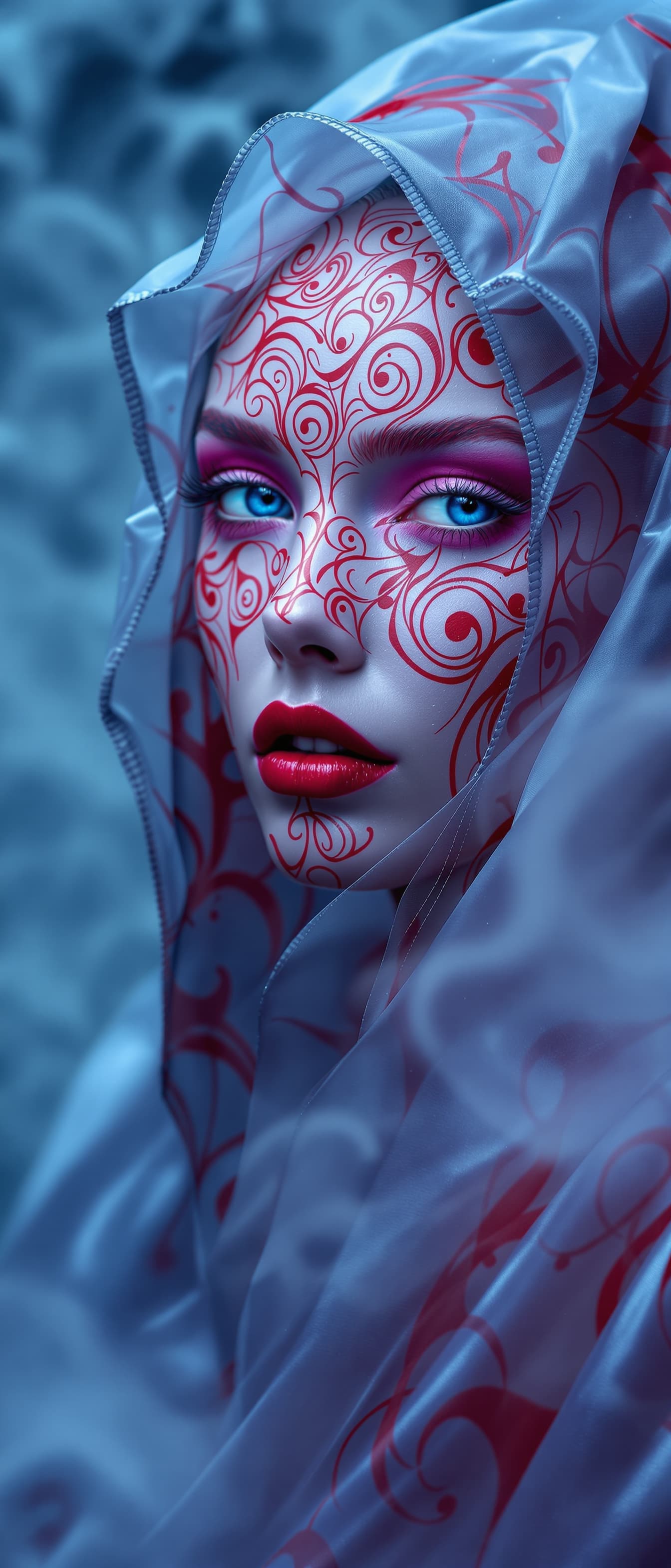 AI generated: "Fine art fashion photography. Full-hight vertical portrait, gorgeous lithe supermodel, swirling  in...