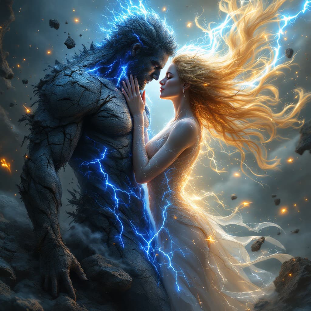AI generated: A photorealistic, hyper-detailed depiction of two elemental beings in a dramatic romantic embrace. T...