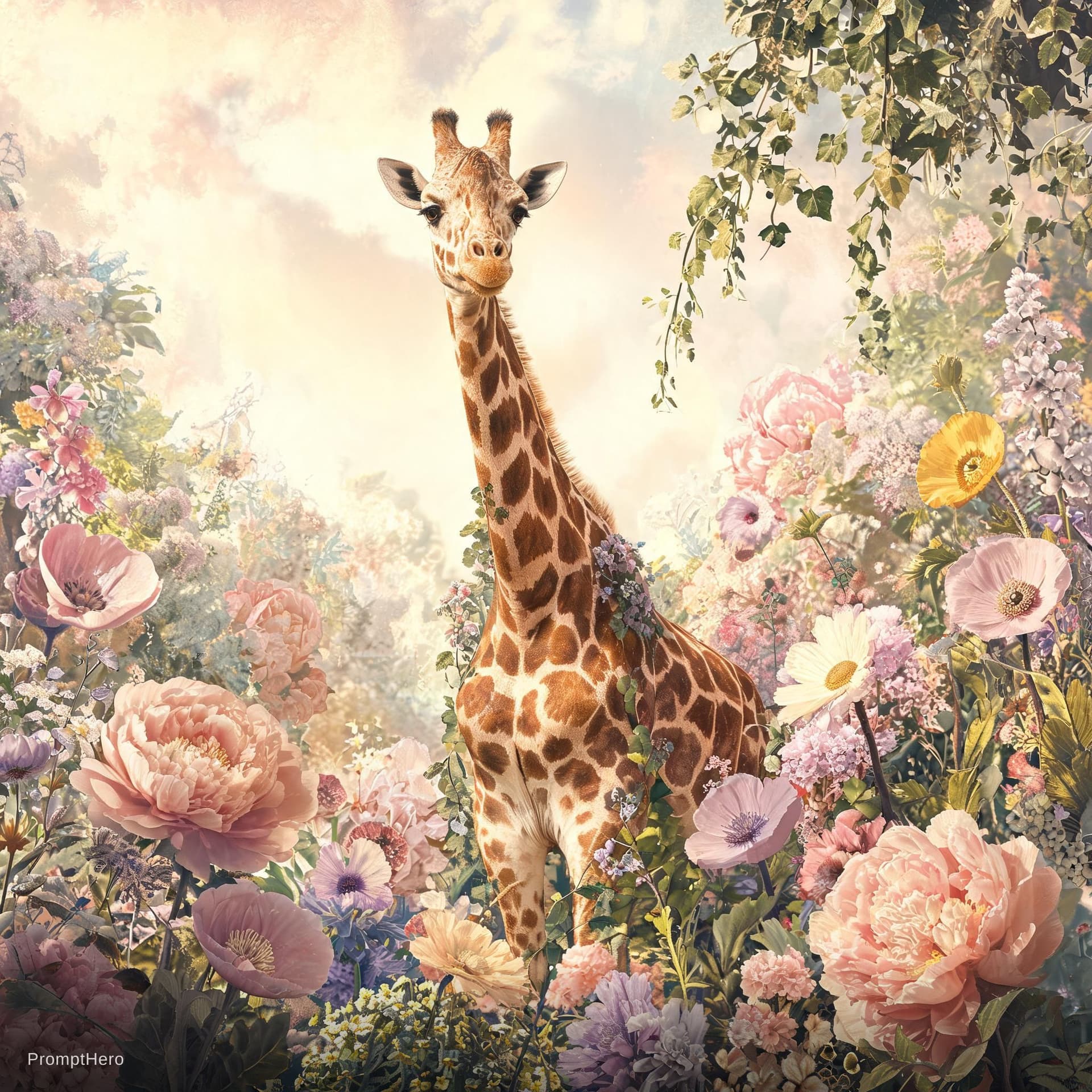 AI generated: giraffe in flowers by artist arne thun, in the style of natalia rak, 8k resolution, vintage aestheti...