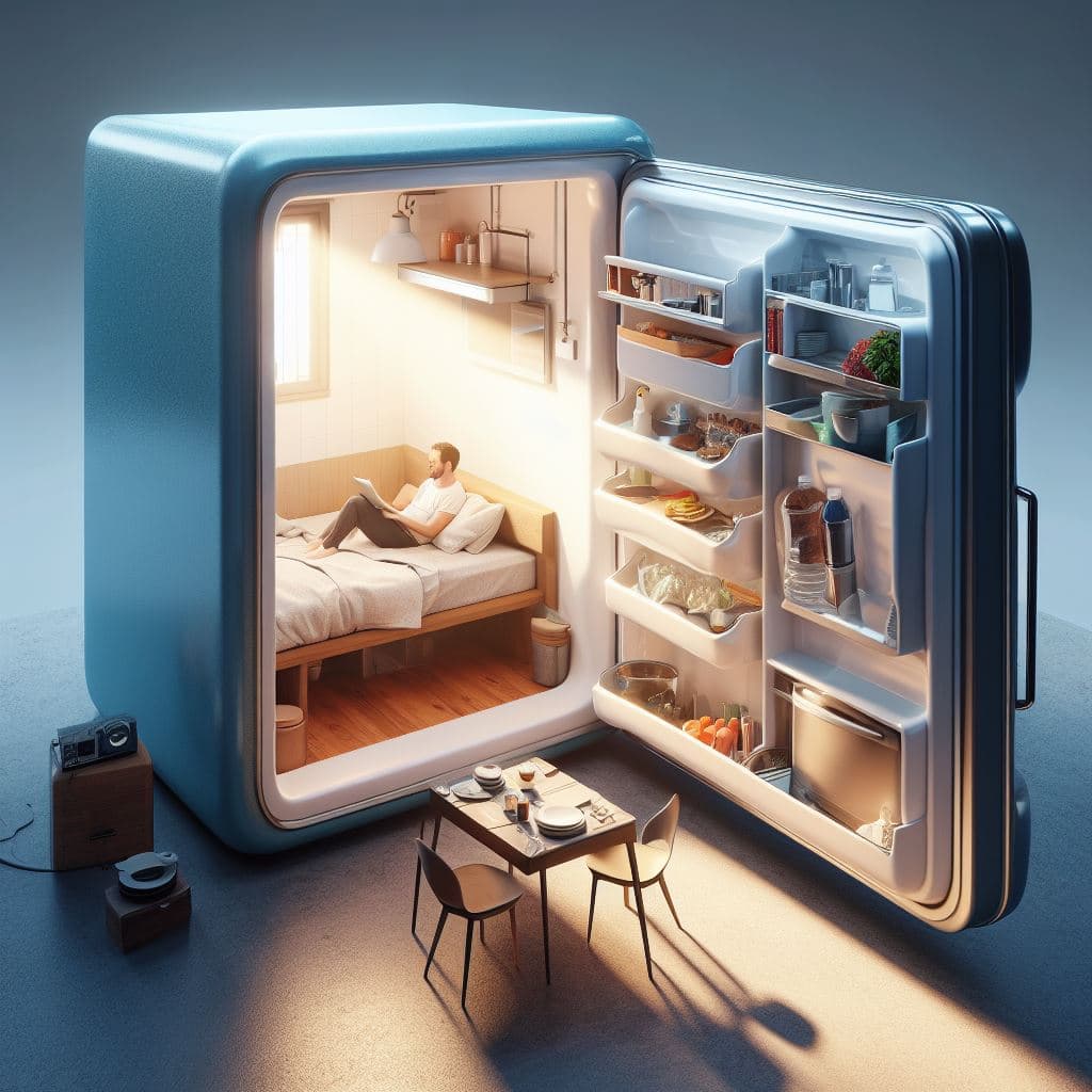 AI generated: A photorealistic image of a man living inside a refrigerator
