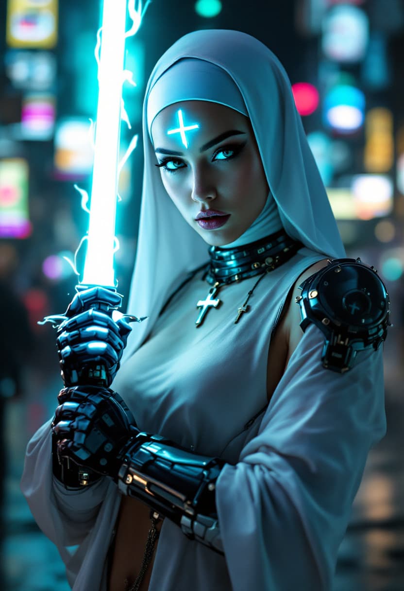 AI generated: cyberpunk style，Battle nun，full body, Glowing forehead tattoo，beautiful eyes，beautiful lips，avant-ga...