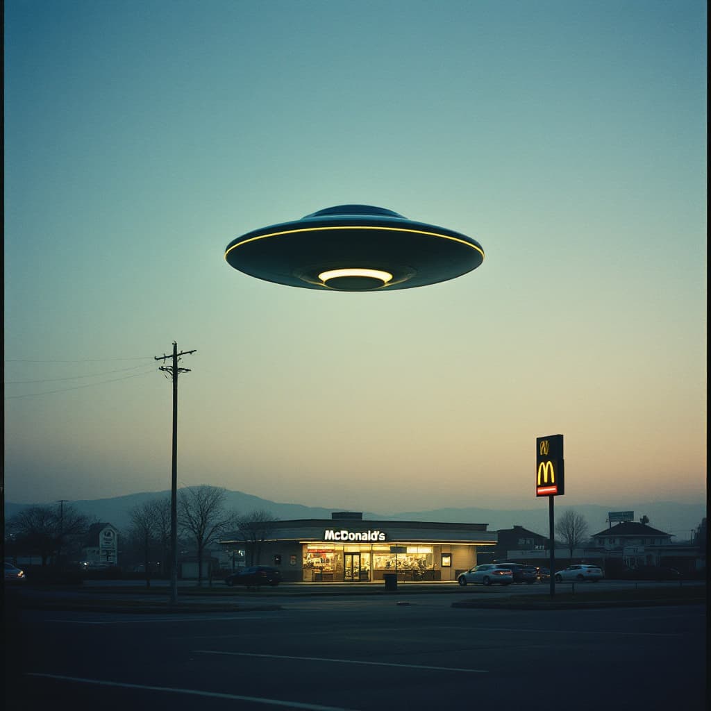 AI generated: Fuji film still, photograph of a UFO, hovering over a MacDonnalds store, new horizon, shake unfocuse...
