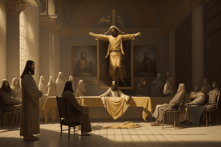 AI generated: breathtaking soft painting of the interrogation of Jesus Christ in Pontius Pilate's palace, a golden...