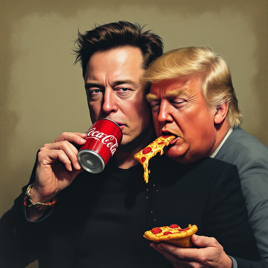 AI generated: Stylized portrait of a Elon Musk with Donald trump drinking Cocacola and eatind  Pizza confident exp...