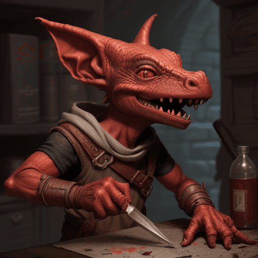 AI generated: DnD, red, kobold, male, short, messy, dirty, holding tools, face covered, fantasy, detailed,
