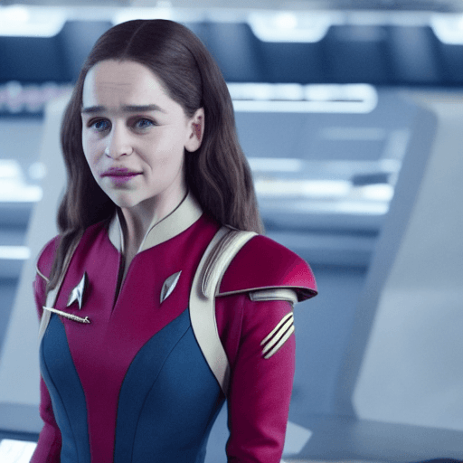 AI generated: Emilia Clarke in as a Denobulan in a Starfleet uniform