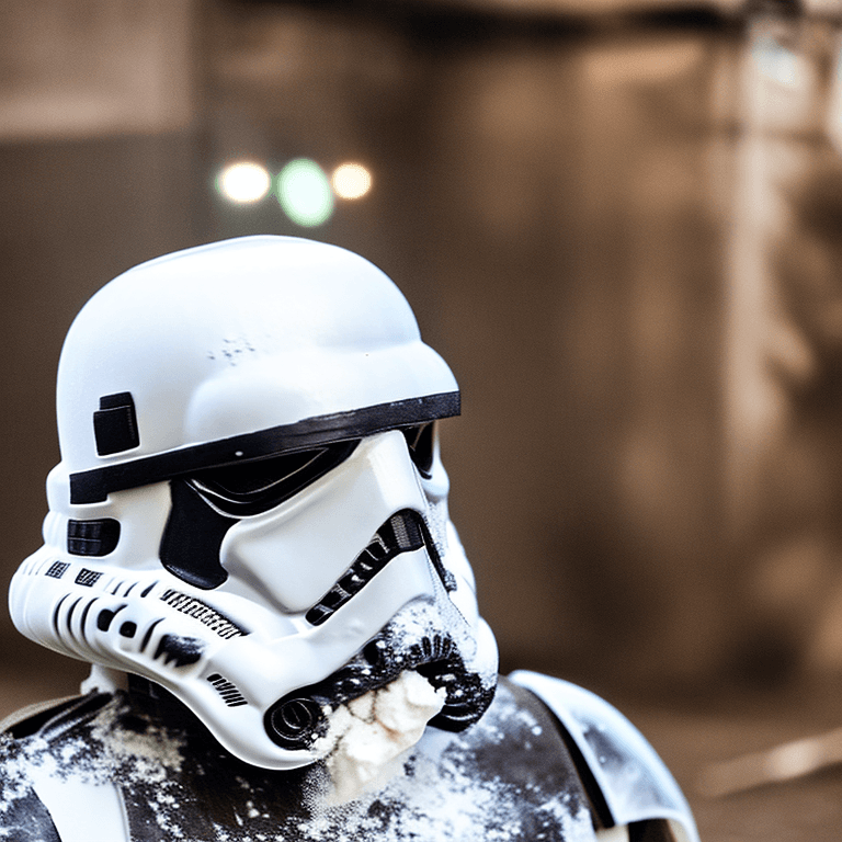 AI generated: close-up of a stormtrooper from the movie "Star Wars" cyberpunk style weared in streetwear clothes g...