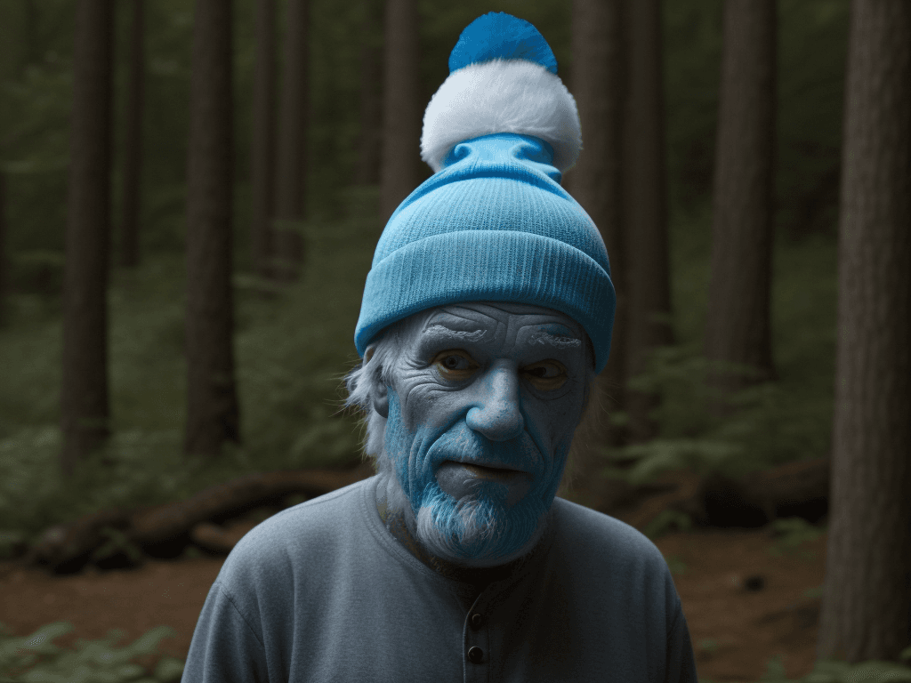 AI generated: An old man camouflaged like a smurf, with a white tuque on his head, in the forest. Cinematic style ...