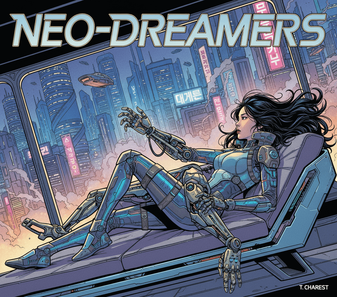 AI generated: Comic book cover illustration by Travis Charest style of 85 mm full body view, side view of a young ...