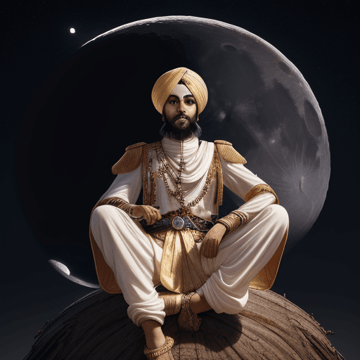 AI generated: guru gobind singh 10th guru, sitting on the tree and look at the moon, falcon bird, night wood, sate...