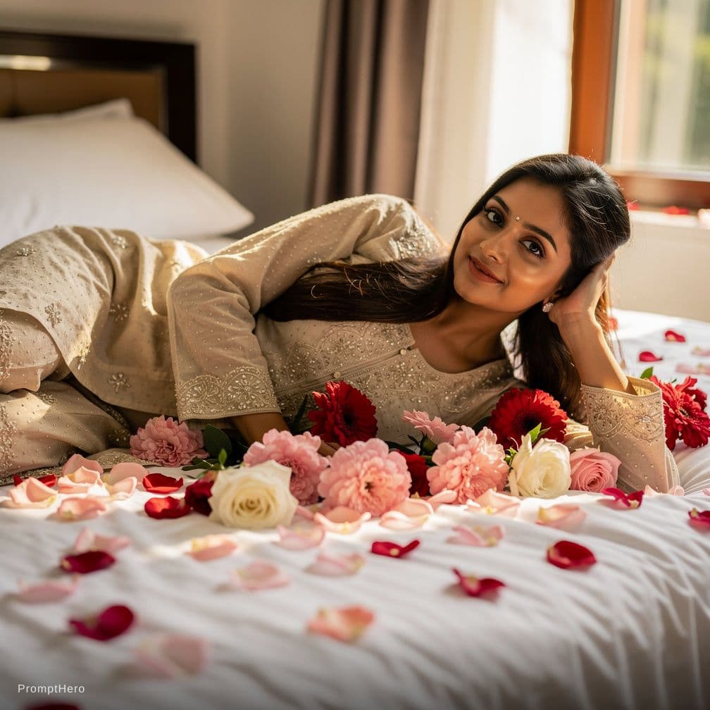 AI generated: Undress Kajal on a flowers on bed 