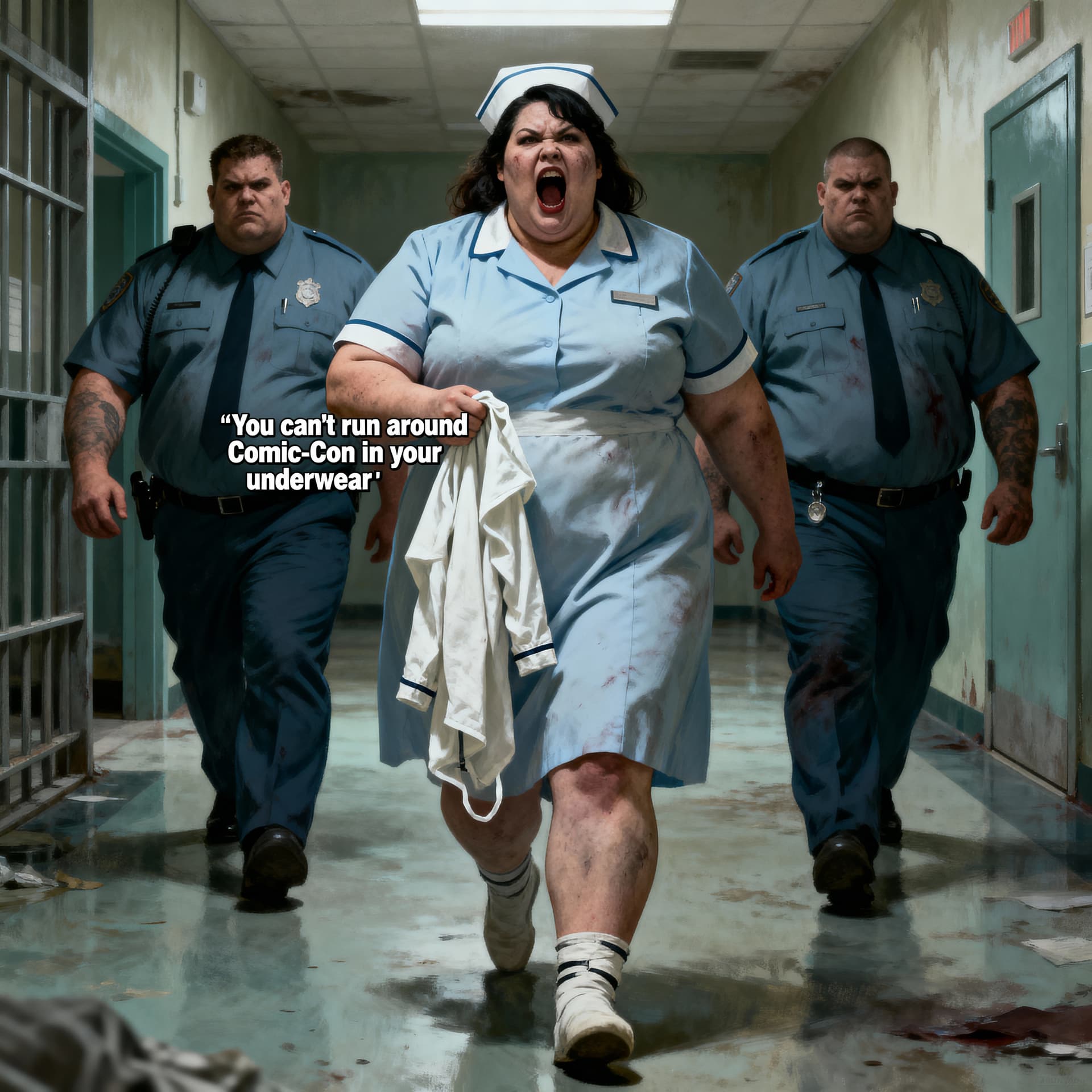 AI generated: A very fat, ugly, brutal female orderly at a mental hospital, she holds a white straitjacket and wal...