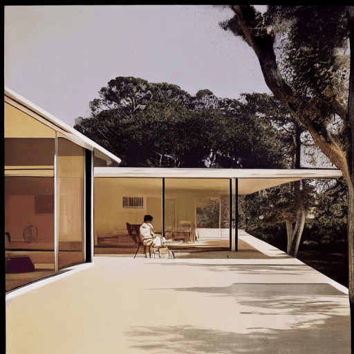 AI generated: Hyper realistic eye level exterior photo of a mid century modern style house overlooking the ocean, ...