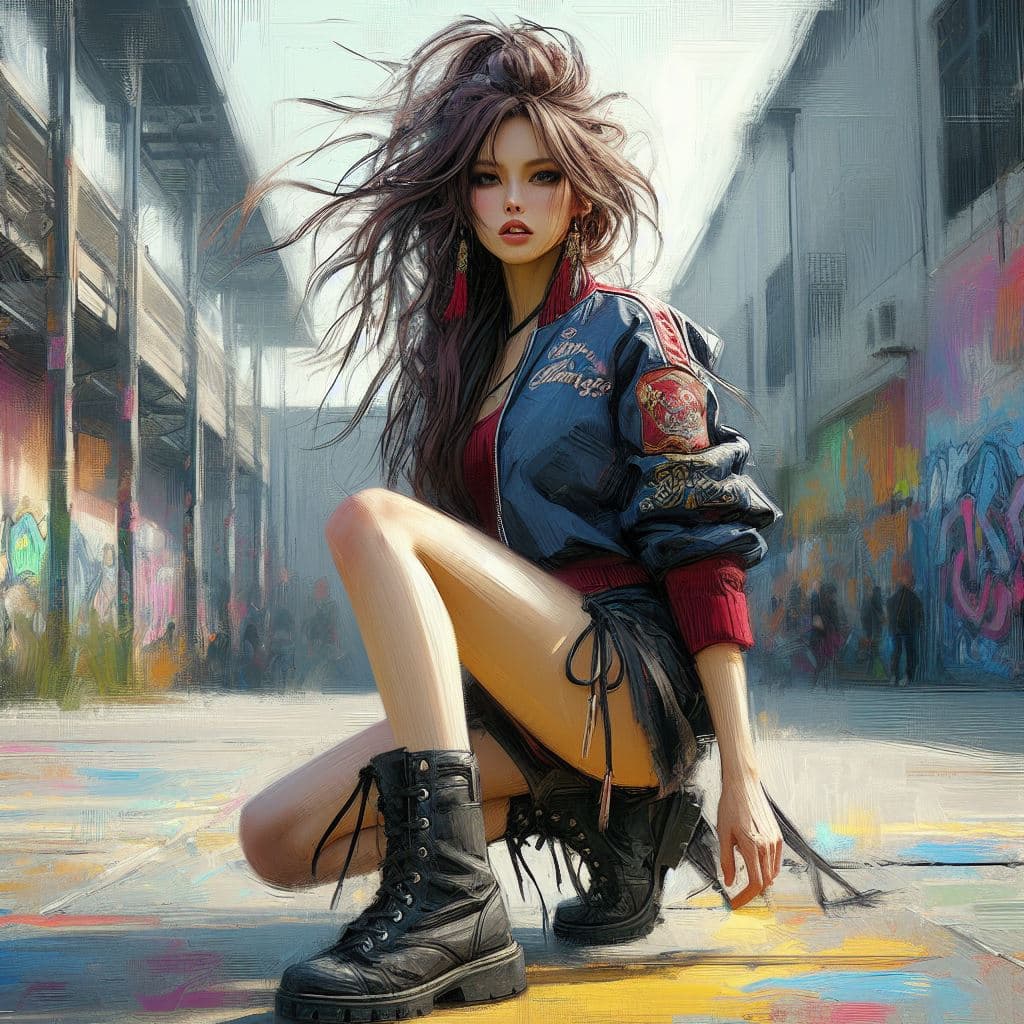 AI generated: painterly style, , Slim and svelte woman wearihng Chunli clothes, with a slender waist and hips, pos...