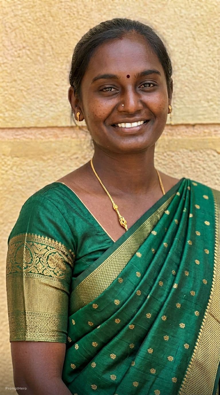 AI generated: Create a deep neck pluffy cleavage, remove the markings on forehead. Change the saree colour.