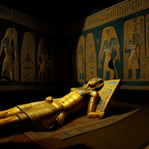 AI generated: eyptian sarkophagus lying down and egyptian painted room dimly lit scary