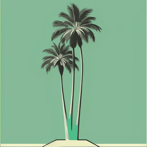 AI generated: A variation of a palm tree depicted in a classic screen-print (silkscreen) style, featuring bold, cl...