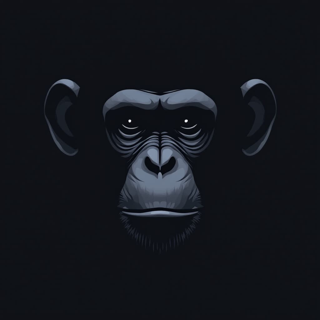 AI generated: 31 isolated dark minimalistic chimpanzee faces. each face is unique and has its own designelement

