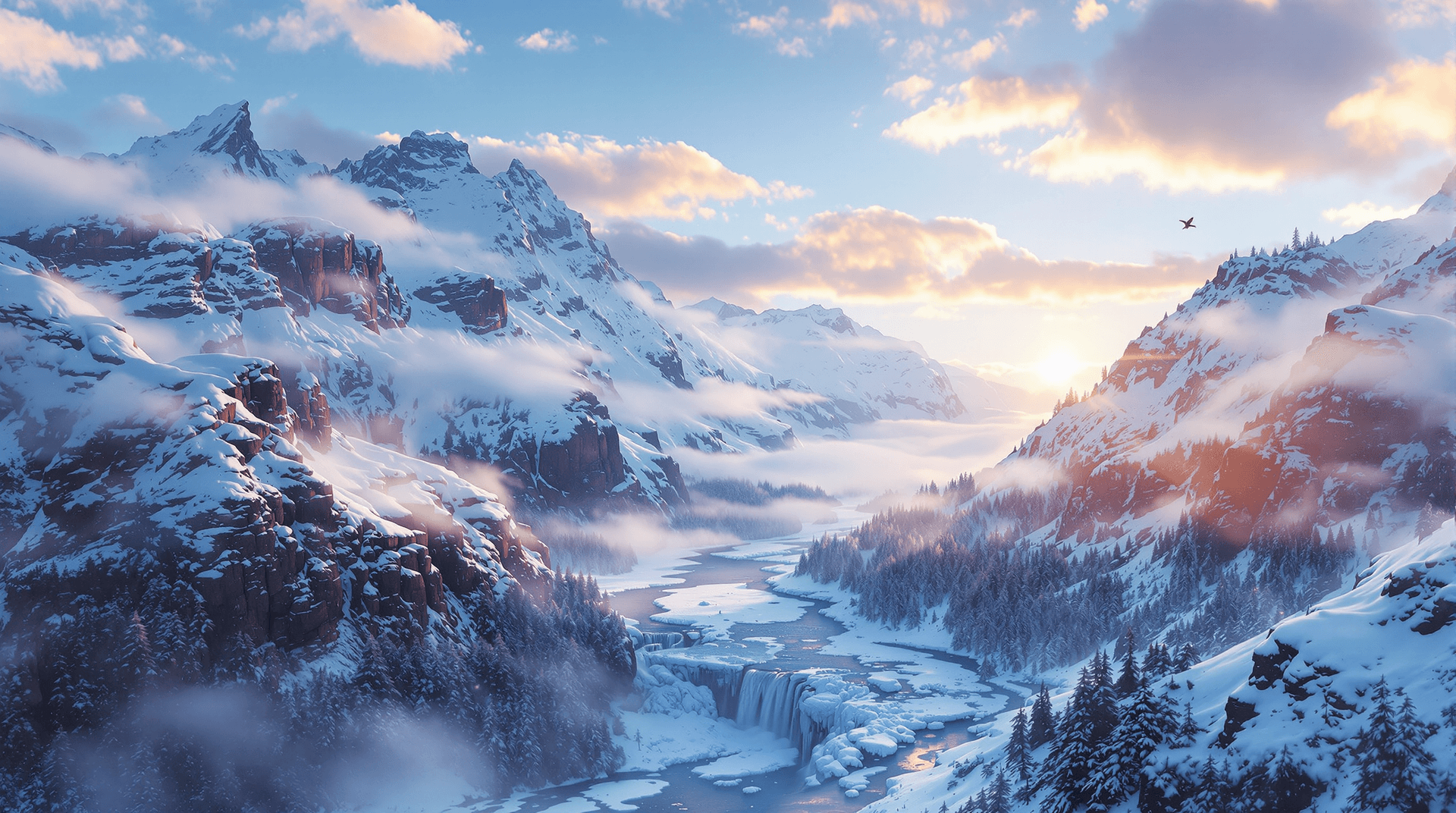 AI generated: windy, snowy valley, with steep mountains around, deeply detailed 4k, drone-like view from above in ...